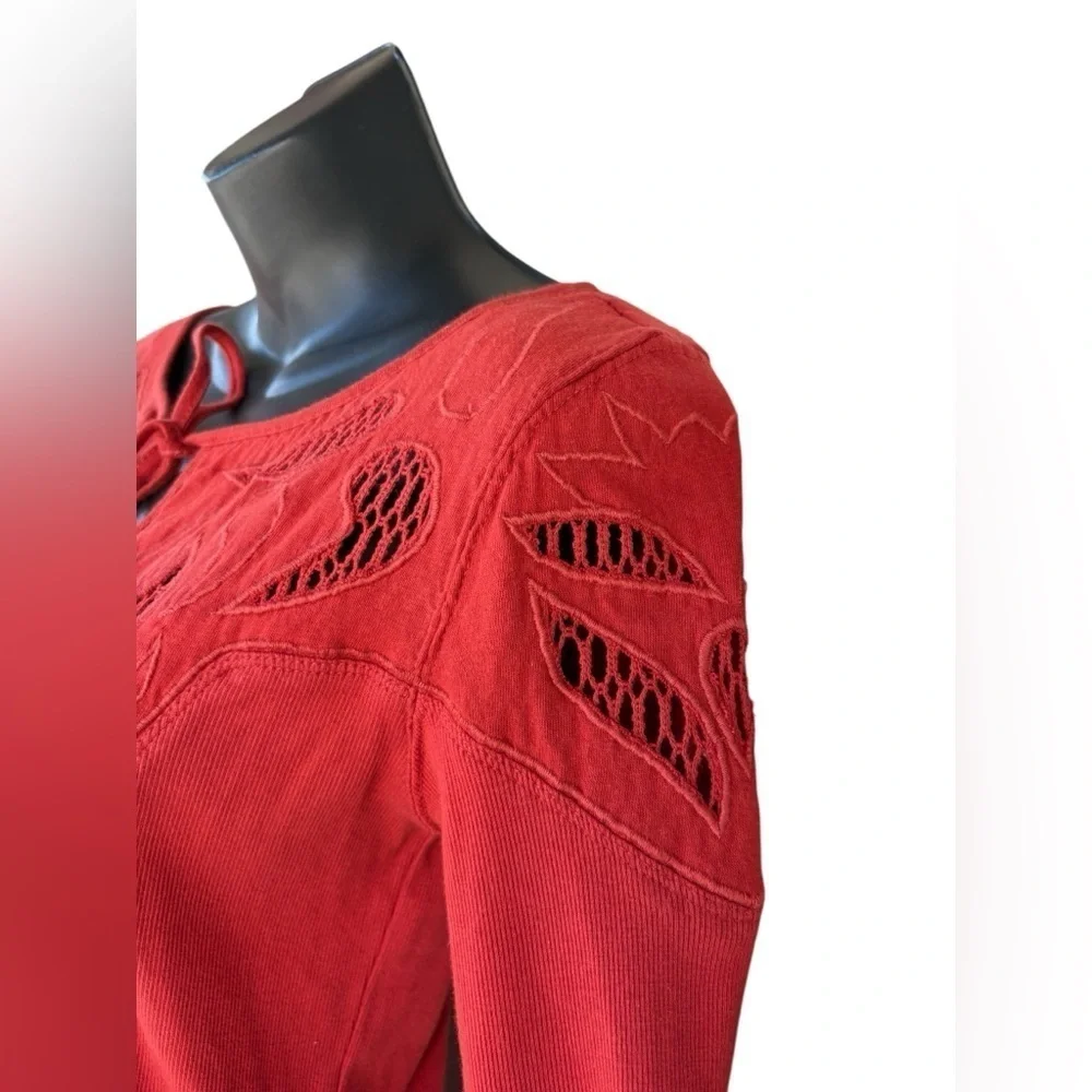 Free People womens Red/Orange crochet Embroidered Yoke Stretch Cotton tee top